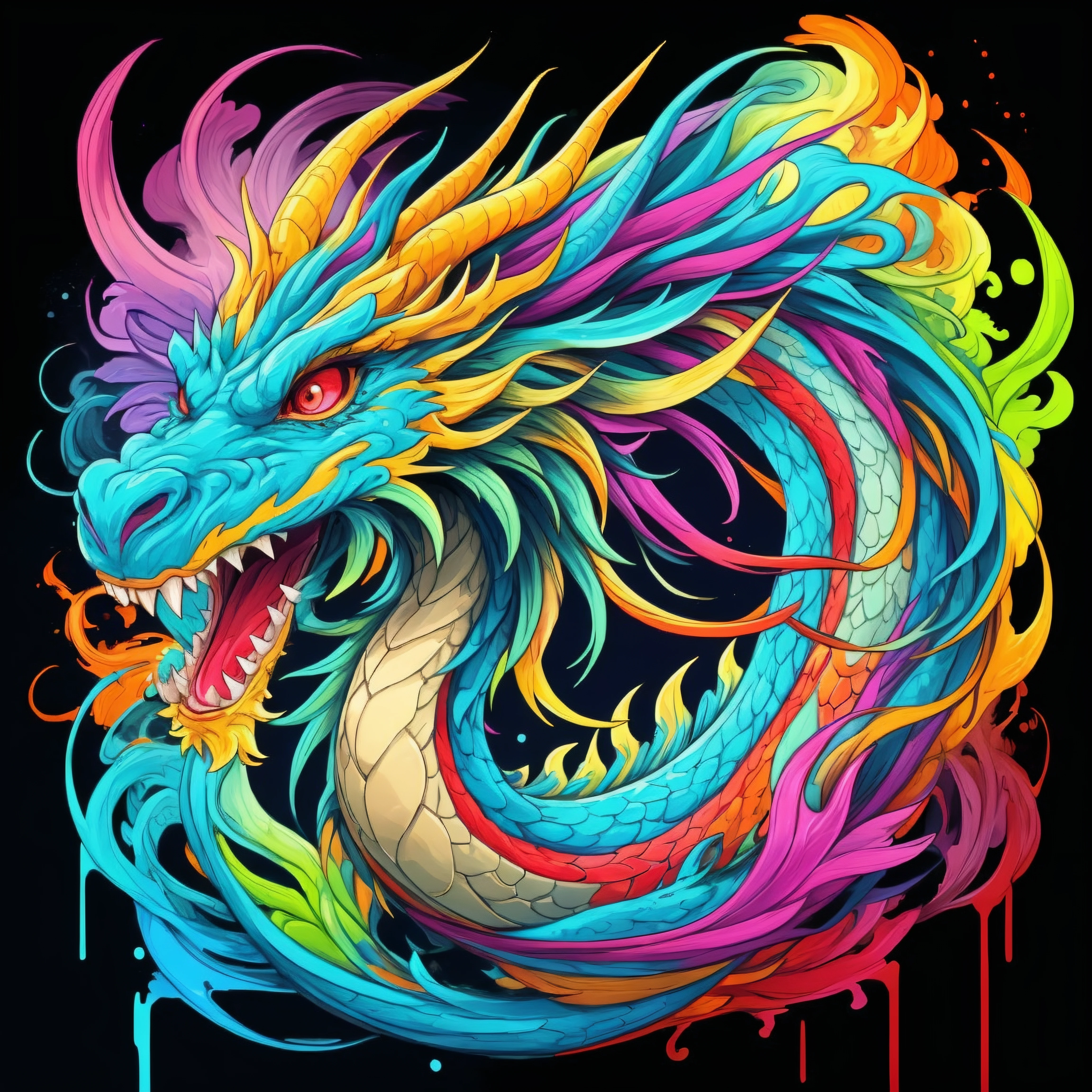 no humans, dragon, eastern dragon, red eyes, solo, tongue, open mouth, fangs, scales, horns, multi-colors,  <lora:DragonsAbstract:0.6>