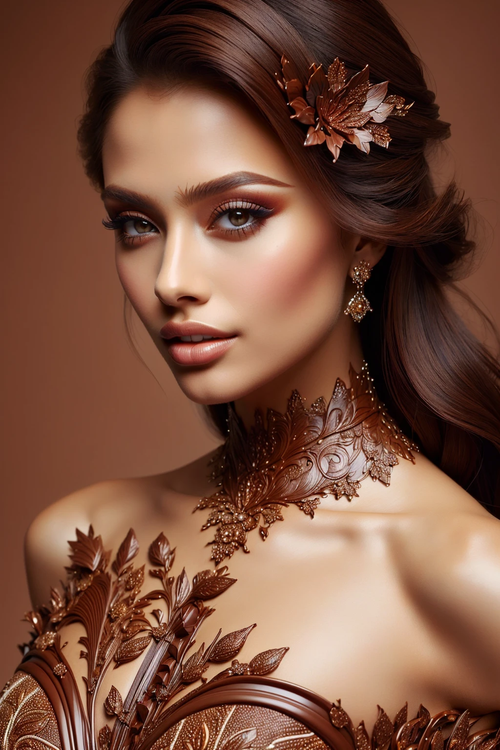 ((Masterpiece, best quality,edgQuality,photorealistic, hyper realistic)),
edgChoco, woman wearing a dress made of chocolate ,wearing edgChoco
 <lora:edgChocolatv1:1>