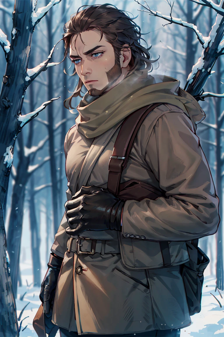 (1 image only),  solo male,  Vasily Pavlichenko,  Golden Kamuy,  Russian,  sniper,  brown hair,  blue eyes,  sharp eyes,  defined eyelashes,  furrowed brow,  wavy medium-length hair,  bold sideburns,  short and neat Shenandoah beard,  lightly-colored coat,  dark gloves,  scarf,  pants,  boots,  crossbody bag,  handsome,  charming,  alluring,  standing,  upper body in frame,  perfect anatomy,  perfect proportions,  2d,  anime,  (best quality,  masterpiece),  (perfect eyes,  perfect eye pupil),  high_resolution,  dutch angle,  snowy forest,  better_hands,<lora:EMS-291741-EMS:0.700000>,<lora:EMS-498-EMS:0.200000>