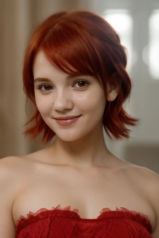 v1c50k0, red hair, close-up, dress, smile, <lora:v1c50k0-09_0726:1>