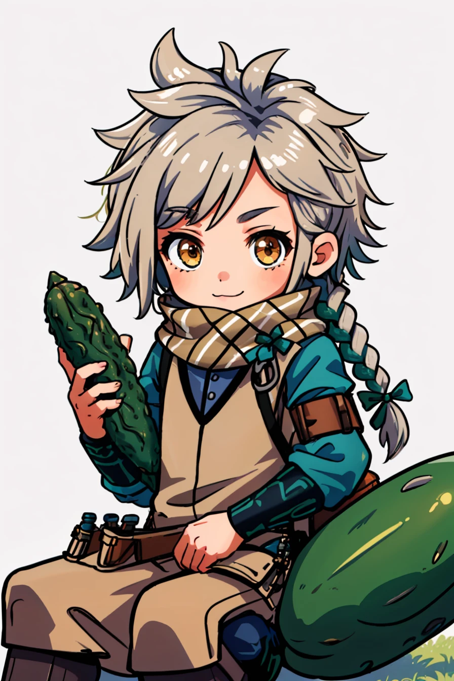 simple background, (chibi:1.1), 1boy, solo, looking at viewer, happy, sitting, carrying, (giant pickle:1.3), <lora:ClanneFE:0.8> clanneFE, single braid, scarf, <lora:Cutedoodle_SD15:0.65> cute doodle