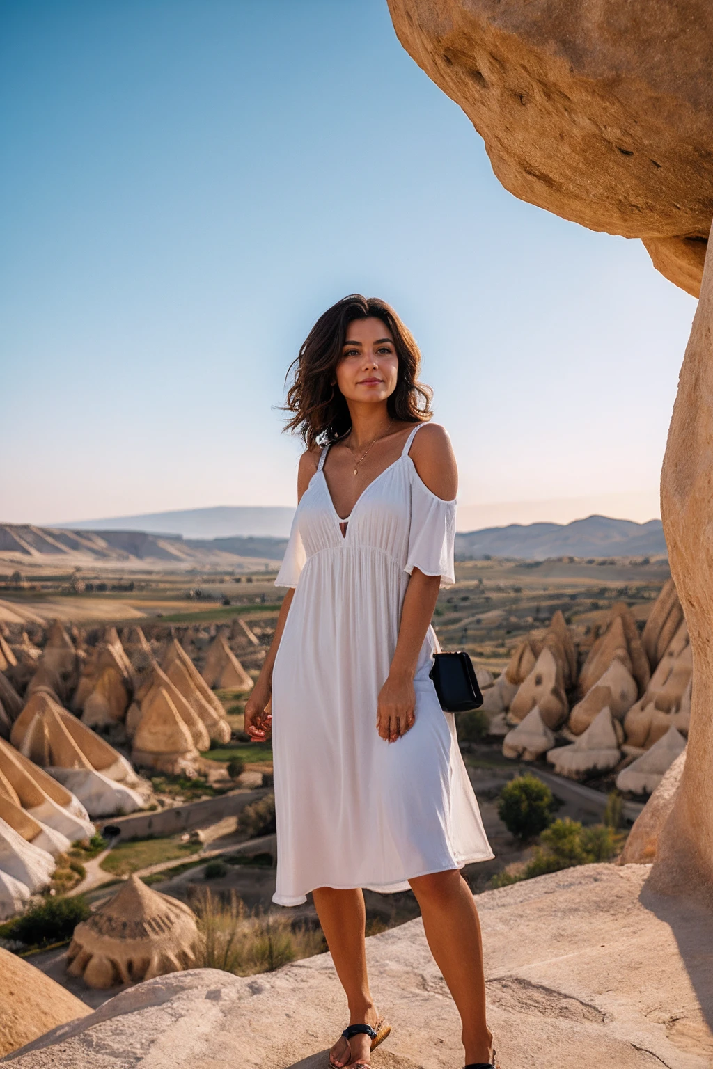 a woman wearing shift dress, cappadocia, (soft lighting:0.5) <lora:fic-fanny:0.8>