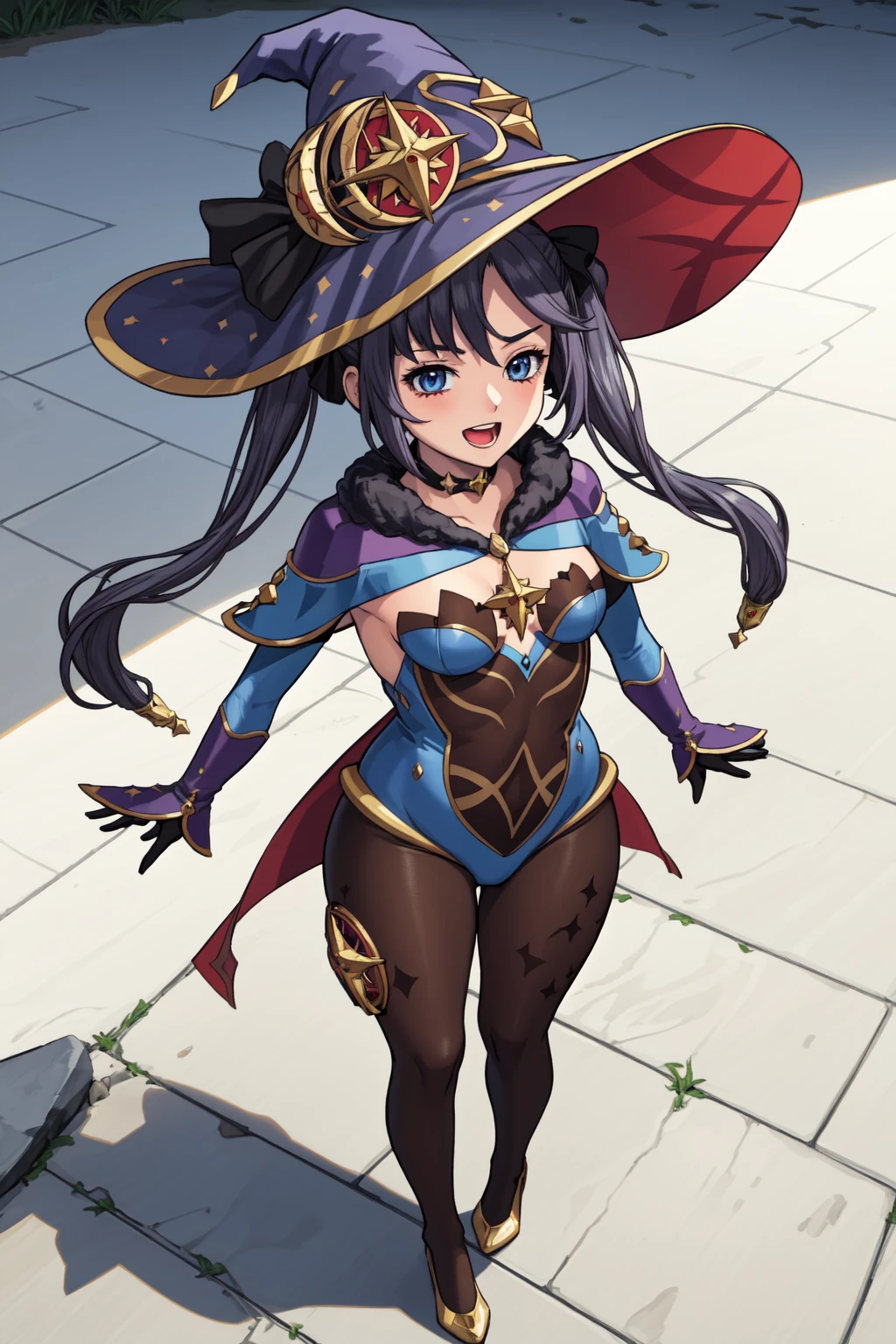 monamegistus, mona, blue eyes, hair between eyes, twintails, very long hair, purple hair, hat, (small breast:1.2), witch hat,
BREAK black bodysuit, black gloves, blue sleeves, bodysuit, capelet, covered navel, detached sleeves, gloves, high heels, leotard, long hair, long sleeves, multicolored sleeves, purple capelet, purple sleeves, strapless, strapless leotard,
BREAK outdoors, city,
BREAK looking at viewer,
BREAK (masterpiece:1.2), best quality, high resolution, unity 8k wallpaper, (illustration:0.8), (beautiful detailed eyes:1.6), extremely detailed face, perfect lighting, extremely detailed CG, (perfect hands, perfect anatomy),, leggings, yoga pants, black leggings