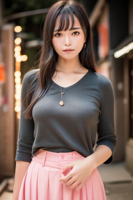 1girl,(RAW photo, best quality), (realistic, photo-realistic:1.4), masterpiece, an extremely delicate and beautiful, extremely detailed, 2k wallpaper, Amazing, finely detail, extremely detailed CG unity 8k wallpaper, ultra-detailed, highres, soft light, beautiful detailed girl, extremely detailed eyes and face, beautiful detailed nose, beautiful detailed eyes,cinematic lighting,perfect anatomy,slender body ,(bokeh:1.3)
in front of izakaya,narrow street like nakano,lights reflected on wet floor,after rain,night time,shop sign lights,winter night
wearing pink blouse and long skirt
 <lora:tsudzuku_lora:0.8>