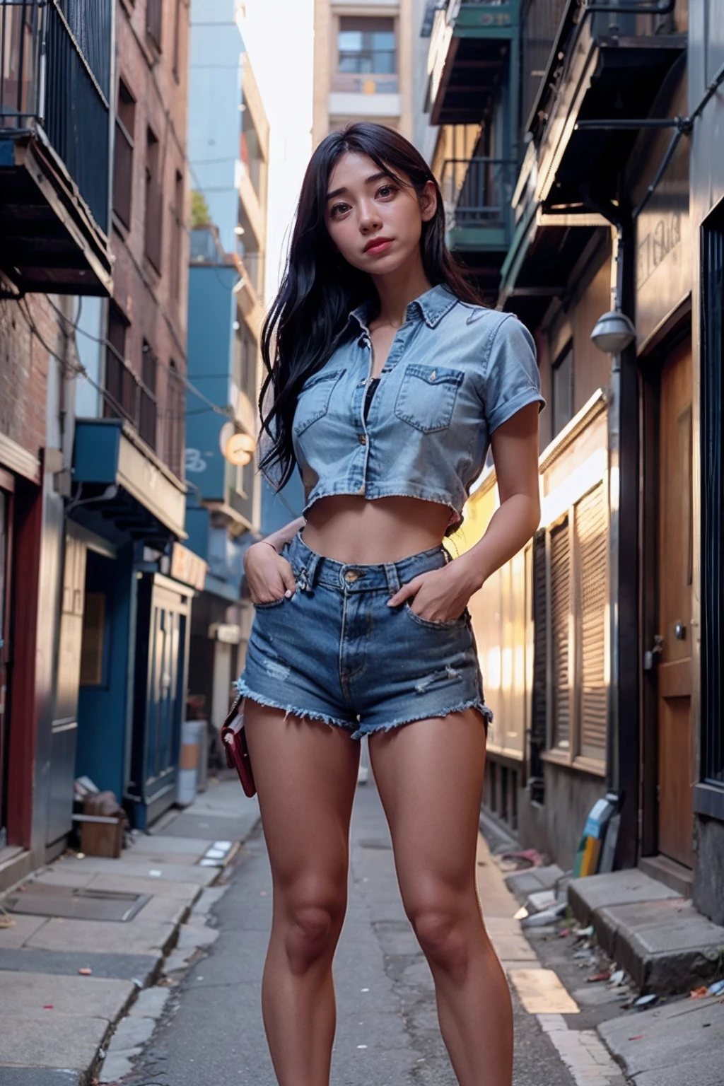 Beautiful woman dancing in a back alley, wearing a short tank top and light distressed jeans, very long hair, gradient eyes, naughty, Pop art, sparkle, Canon, UHD, retina, masterpiece, ccurate, anatomically correct, textured skin, super detail, high details, high quality, award winning, best quality, highres, 1080P, HD, 4K, 8k, 16k