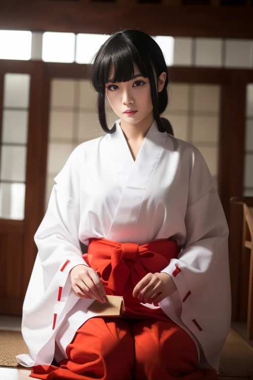 ltra-detailed,highly detailed,best quality,masterpiece,illustration,realistic,photorealistic,
1girl, solo, 
kikyo,miko, hakama skirt, wide sleeves, long sleeves, ribbon-trimmed sleeves,ribbon, 
very long hair, blunt bangs, low ponytail, 
looking at viewer, seiza, 
indoors, photo background, east asian architecture, 
<lora:kikyo miko_v1_07:0.7>