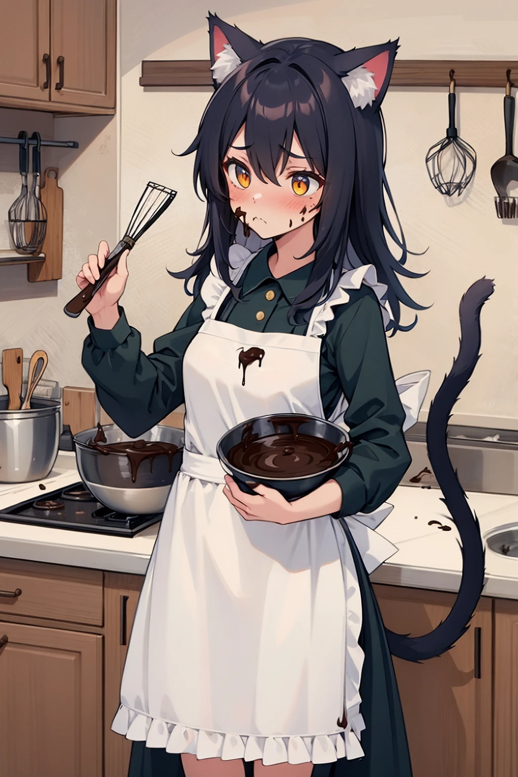 High Quality, Masterpiece, 1girl, IncrsChocoMaker, <lora:ChocolateMaking:1>, whisk, apron, food on face, panicking, kitchen, chocolate on body, cat girl, cat ears, cat tail,