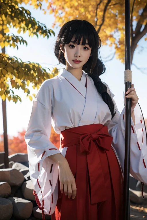 ltra-detailed,highly detailed,best quality,masterpiece,illustration,realistic,photorealistic,
1girl, solo, 
kikyo,miko, japanese clothes, kimono, hakama skirt, wide sleeves, long sleeves, ribbon-trimmed sleeves, 
very long hair, blunt bangs, low ponytail, 
looking at viewer, standing, 
holding bow \(weapon\), 
outdoors, tree, leaf, autumn, day, autumn leaves, photo background, nature,
<lora:kikyo miko_v1_07:0.8>