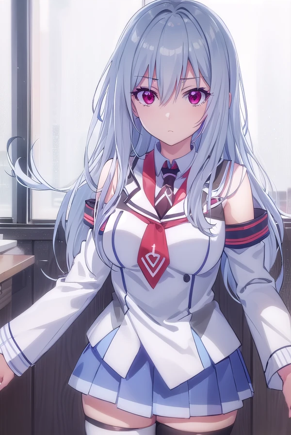 ainechidorigafuchi, <lora:aine chidorigafuchi s1-lora-nochekaiser:1>,
aine chidorigafuchi, long hair, (red eyes:1.3), hair between eyes, very long hair,
BREAK skirt, thighhighs, school uniform, detached sleeves, necktie, black thighhighs, uniform, red necktie,
BREAK indoors, classroom,
BREAK looking at viewer, (cowboy shot:1.5),
BREAK <lyco:GoodHands-beta2:1>, (masterpiece:1.2), best quality, high resolution, unity 8k wallpaper, (illustration:0.8), (beautiful detailed eyes:1.6), extremely detailed face, perfect lighting, extremely detailed CG, (perfect hands, perfect anatomy),