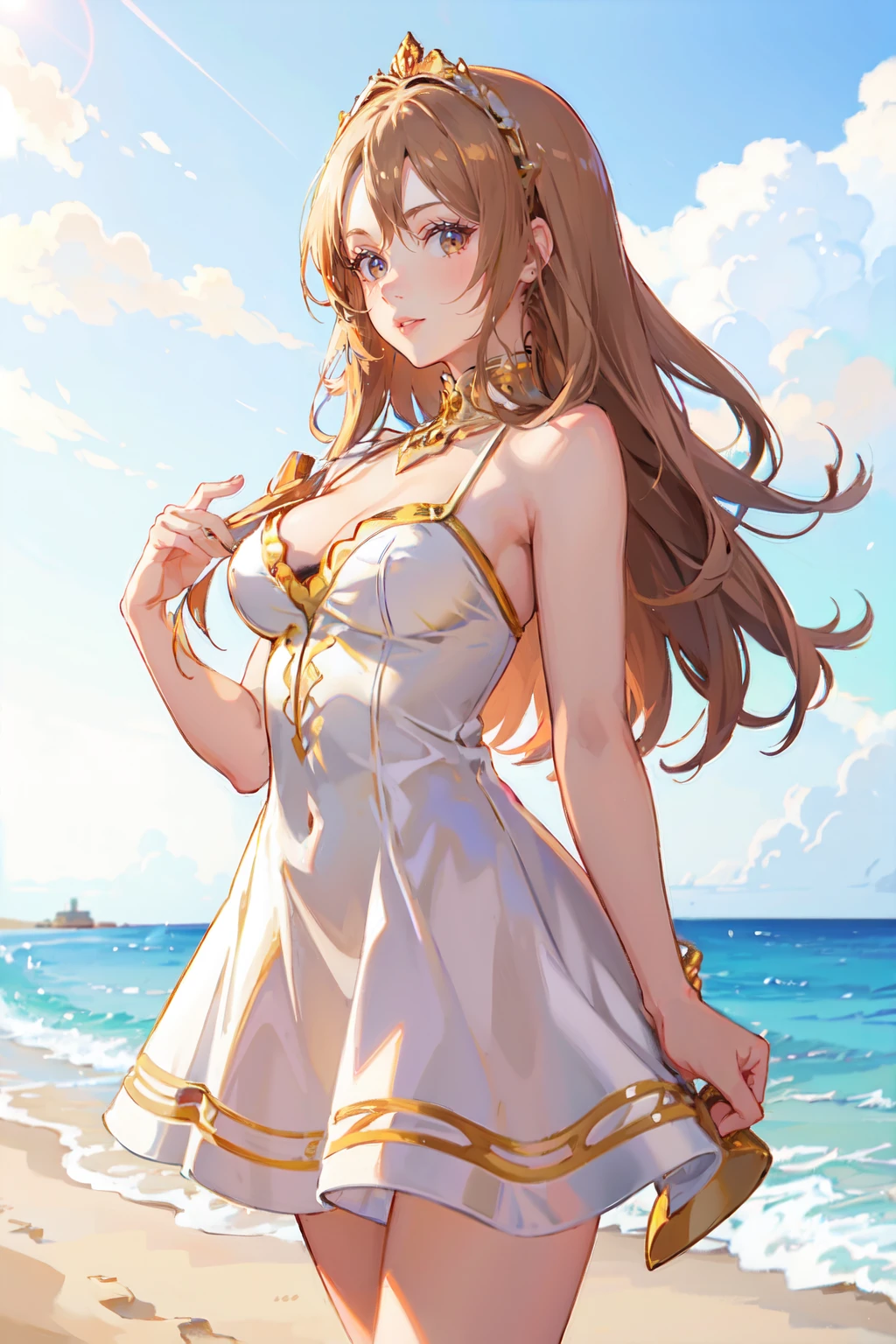 a woman wearing dress, sahara, (golden hour:0.5) <lora:fic-karen:0.9>