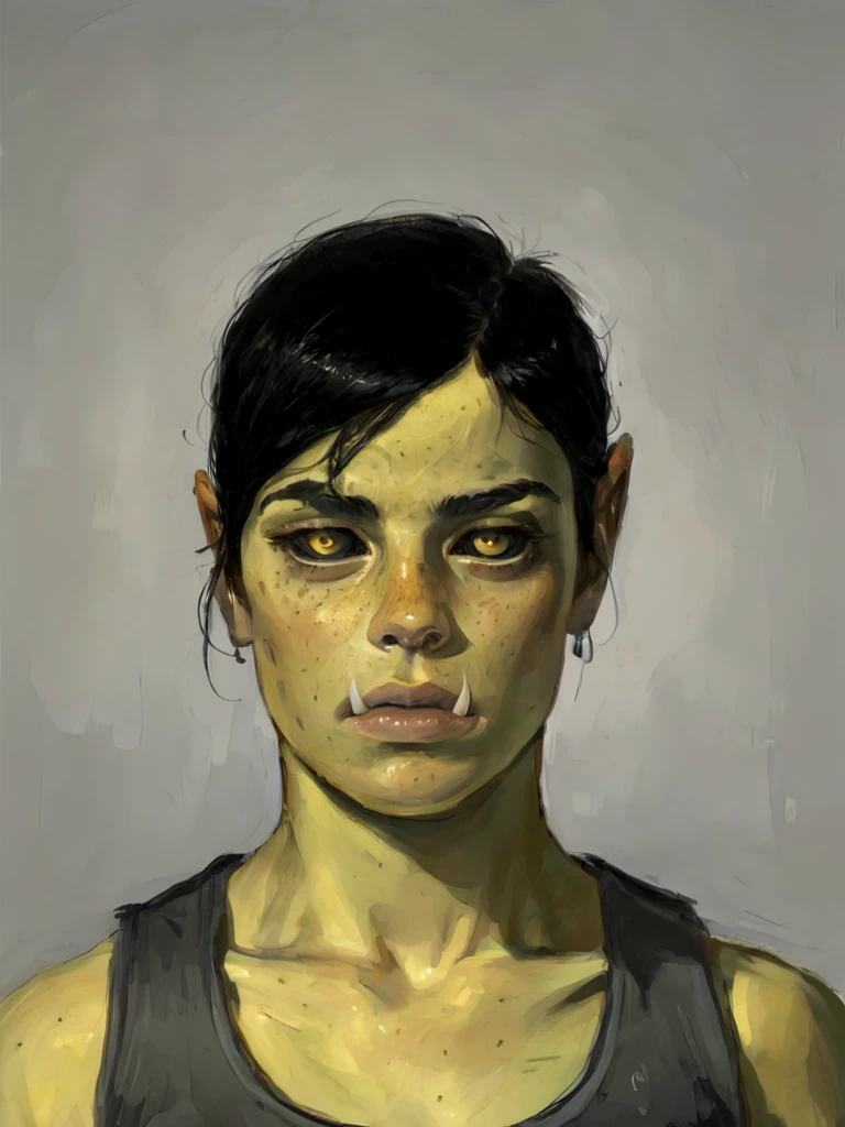 oil portrait of 0rc woman, beautiful face, tank top, full lips, yellow eyes, black brows, freckles, black hair, detailed skin, cinematic, great shading, moody lighting, neutral background, (by Lucian Freud:0.5), style of Jane Newland