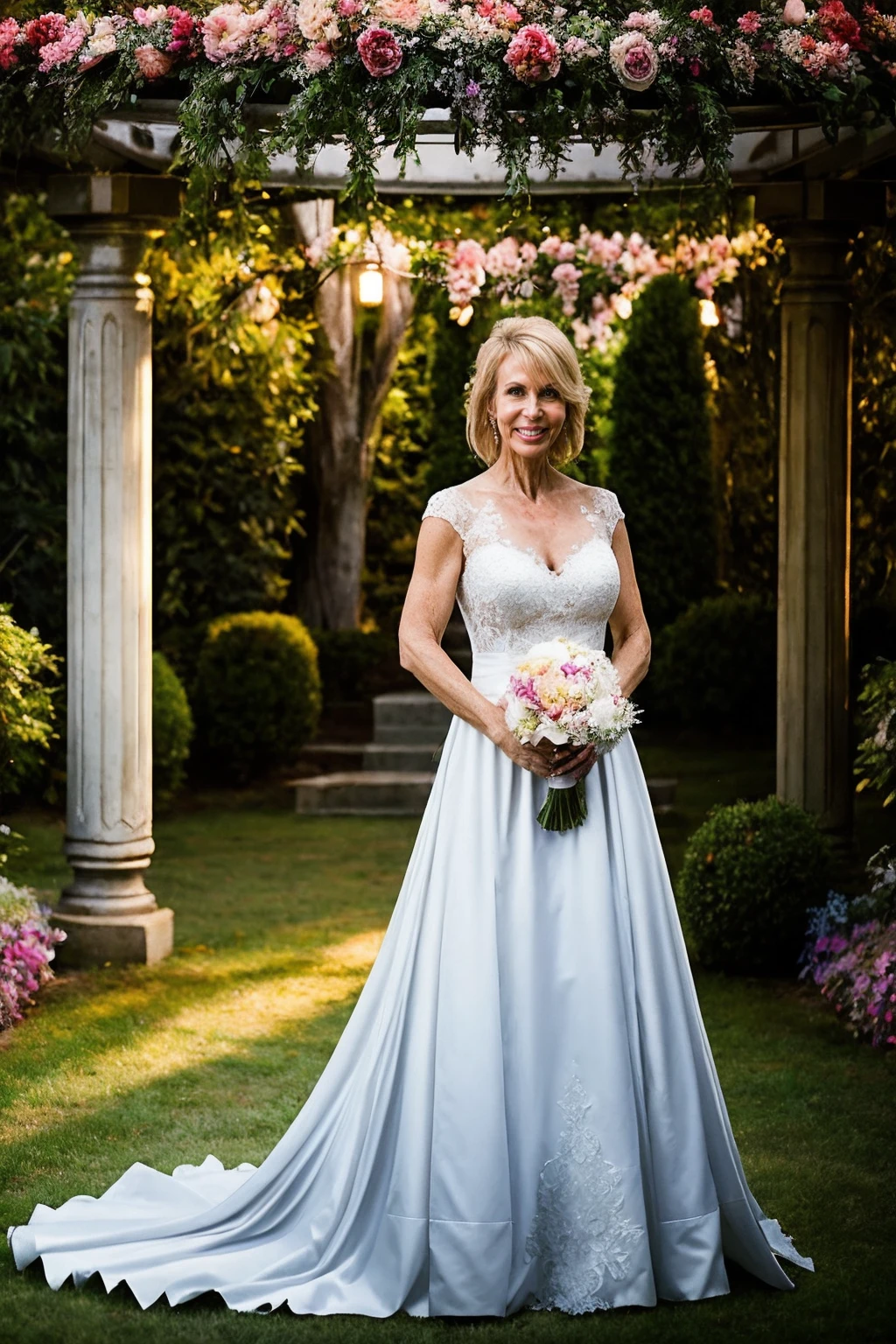 (Marilyn Monroe), (eyeliner), (matte lipstick), long white dress, in front of an elegant mansion very decorated and greenery, ((insanely detailed face)), (((photography4k))), (orange sky, afternoon), (((sun rays passing through a tree)))
