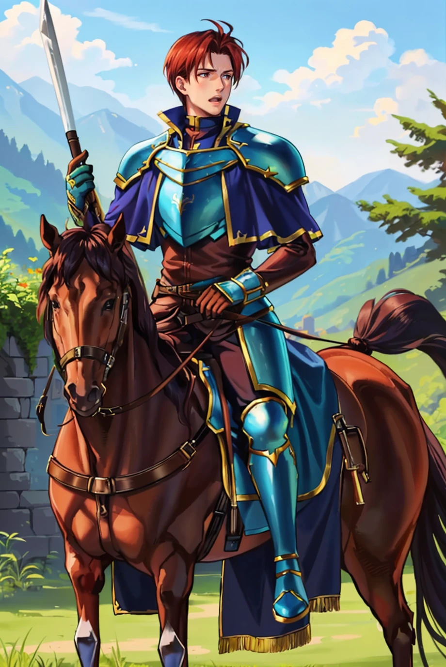 masterpiece, 1boy, solo, yelling, horseback riding, horse, (holding polearm, lance:1.1), <lora:SethFE8-bsinky-v1:0.7> defSeth, gloves, armor, capelet, boots, long sleeves, brown shirt, outdoors, battlefield, ruins