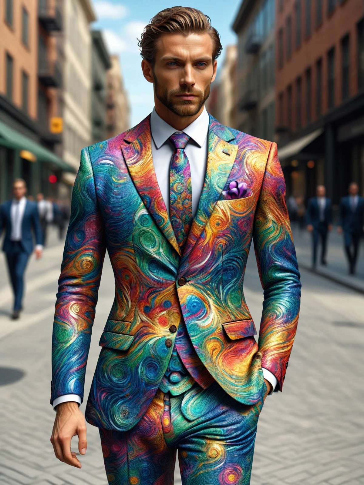 man wearing a colorful mad-vangoghian business suit walking through city, dynamic pose <lora:Colorful_VanGoghian_SDXL:0.8>, (masterpiece:1.2), best quality, (hyperdetailed, highest detailed:1.2), high resolution textures