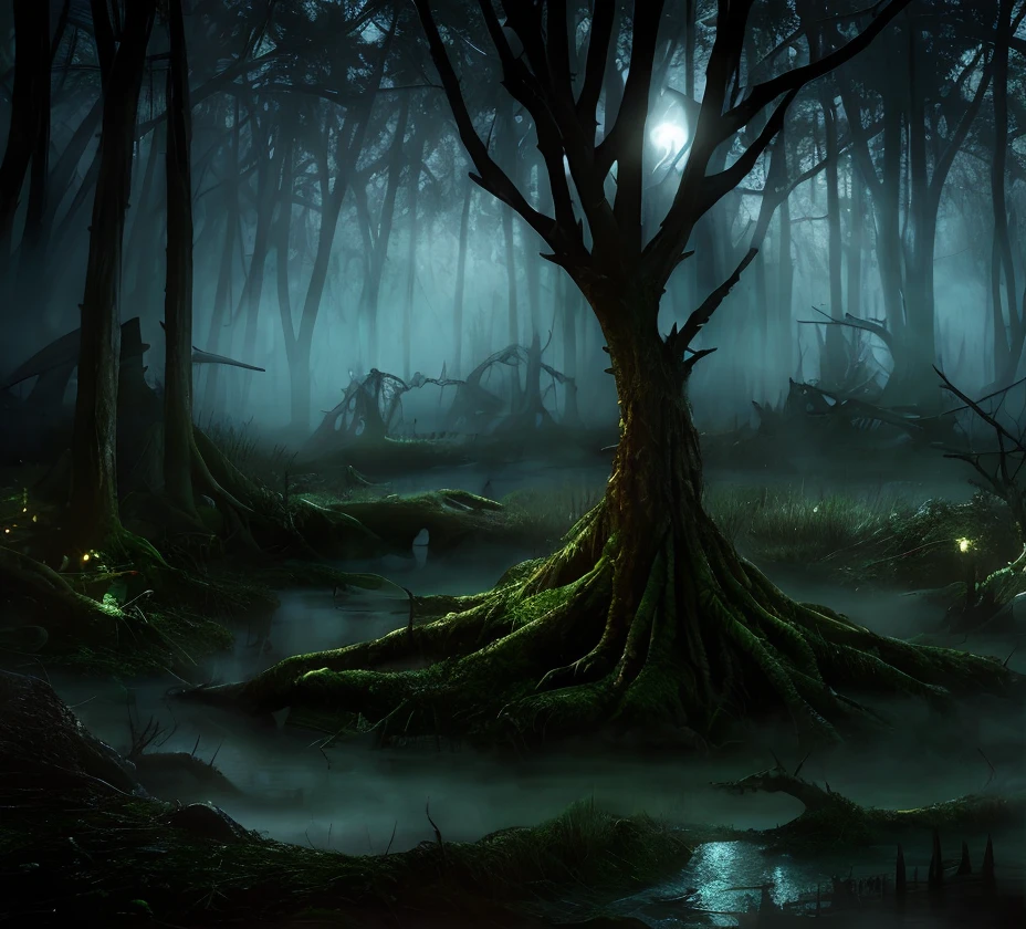 (masterpiece:1.2), (best quality,:1.2), 8k, HDR, ultra detailed, ((photorealistic)), professional light, cinematic lighting, fashion photography, ambient lighting, a sinister fantasy swamp, dead trees, fog, moonlight, vines, bushes, <lora:detail_slider_v4:2>, FanSwa, DarkFantasy, <lora:FantasySwamps-10:1>, ((perfect hands)), epiCPhoto