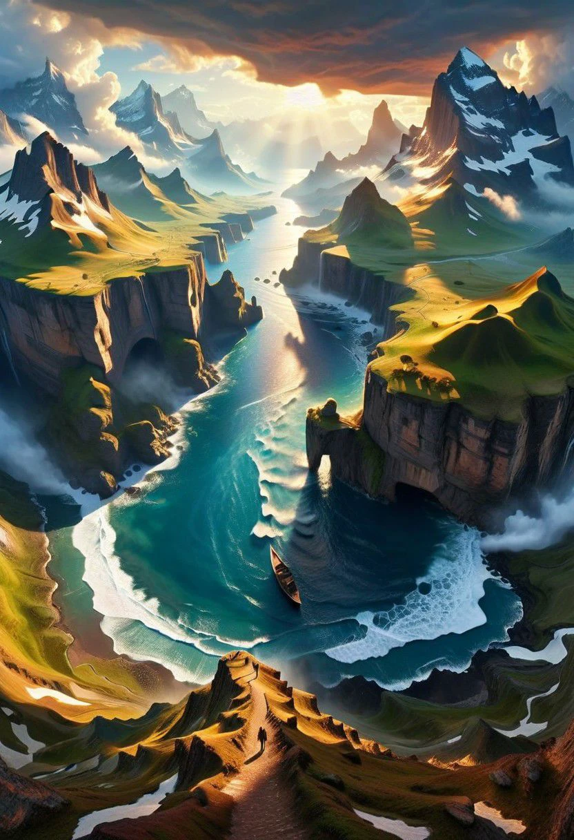 Captivating scene of surreal beauty and epic proportions, where reality blends with imagination, transports you to a world where the ordinary meets the extraordinary, inviting you to explore the depths of magic realism and venture into realms where dreams become reality. From majestic landscape to intricate details, these images captivate the senses and ignite the imagination, offering glimpses into fantastical world beyond imagination,tiny silhouettes from people showing how epic the scene is, By Hans-Werner Sahm and Marc Adamus. 64K, UHD, HDR, octane render, depth by atmosphere, vivid color palette., depth by atmosphere, dynamic lighting.