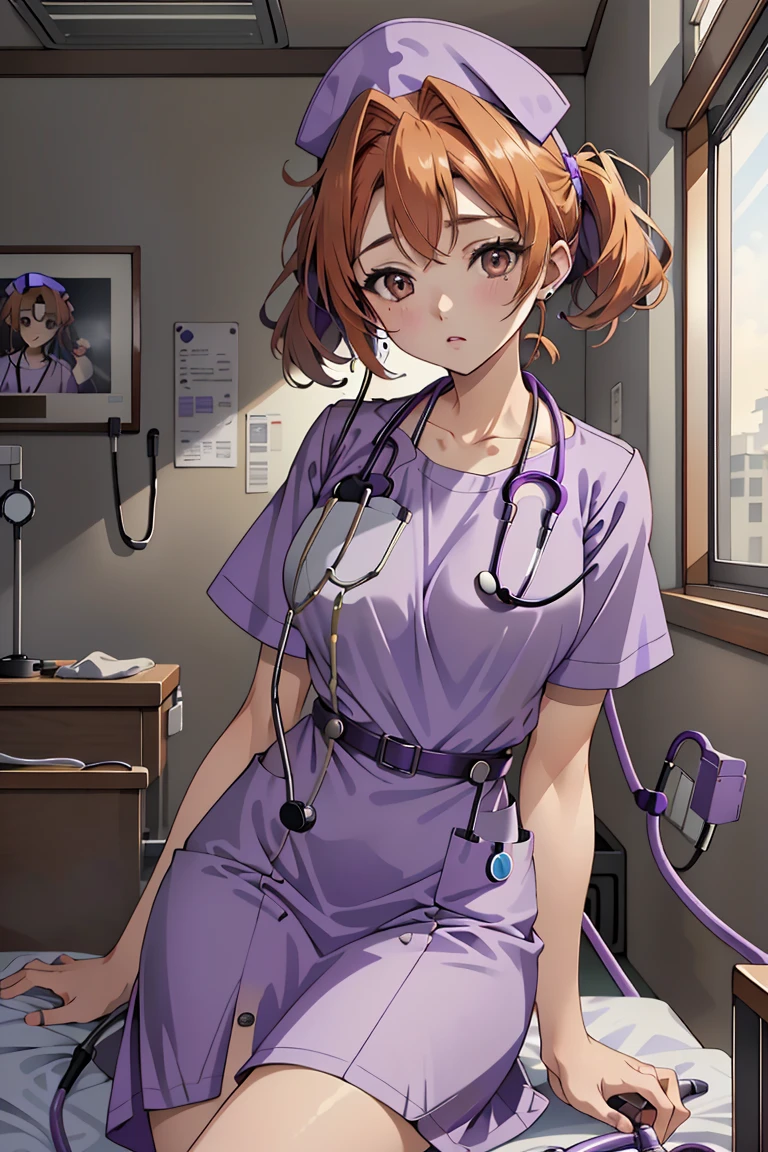 ((masterpiece, best quality,lower_body)), operating table,medical monitors,hospital bed, <lora:Chika Naruse v1:0.8> (chika naruse, 1girl, twintails, orange hair, brown eyes) <lora:0- CL - Purple Nurse:0.8> (purple_nurse_cst, stethoscope, nurse, nurse cap, purple headwear, purple dress, jewelry),