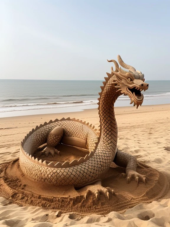 master piece, high quality, a Chinese dragon made of sand, on the beach <lora:J_shadiao:0.8>
