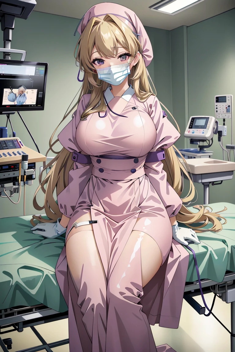 ((masterpiece, best quality,lower_body)), operating table,medical monitors,hospital bed,  <lora:Hitomi Naruse v1:0.8> (hitomi naruse, 1girl, very long hair, large breasts, blonde hair, purple eyes, hair ribbon, antenna hair), <lora:surgical_v3:0.8> (surgical_uniform_3.0, surgical mask, gloves,surgical cap,long sleeves),