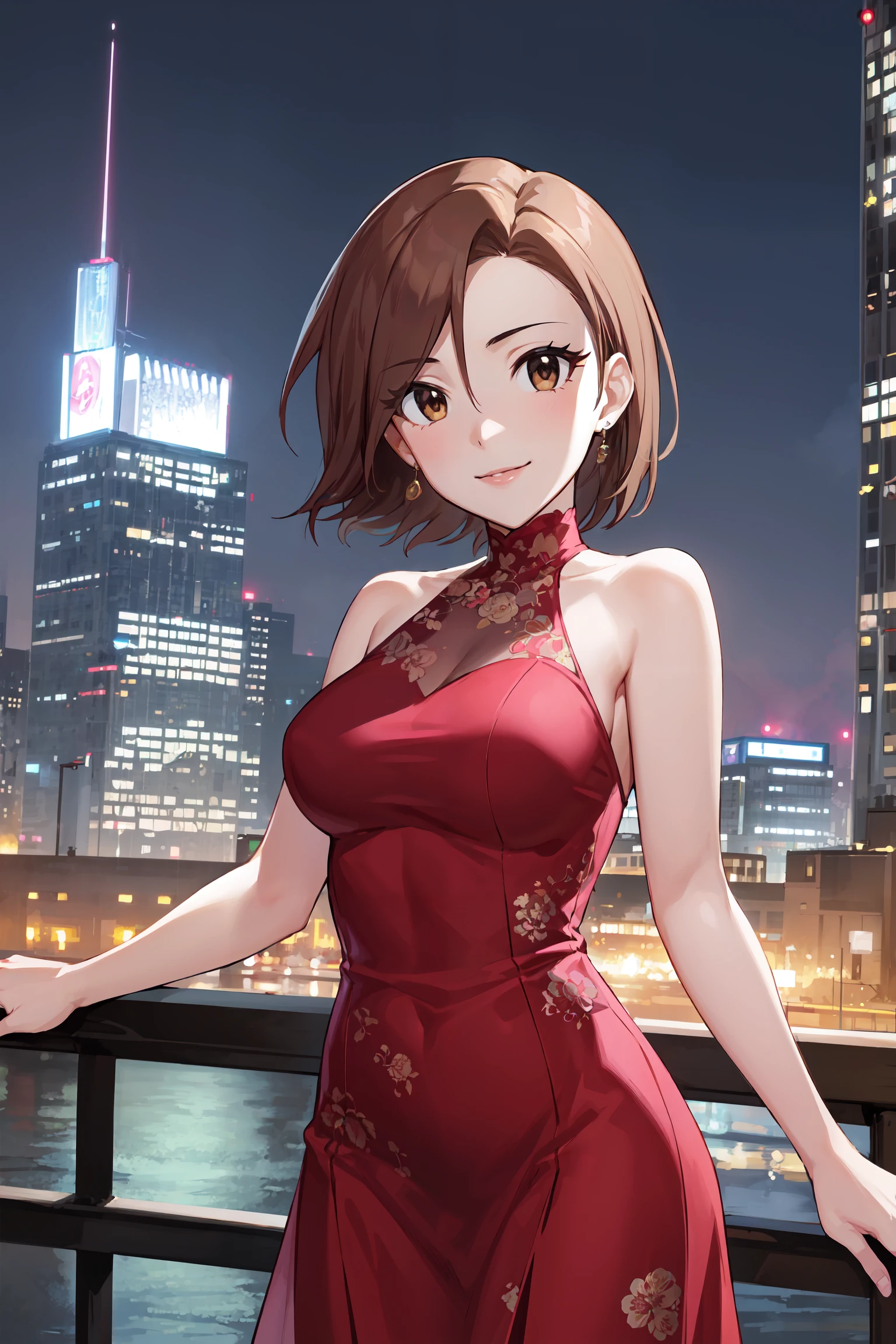 masterpiece, best quality, cowboy shot, looking at viewer, smile, seira mizuki, short hair, long dress, bare shoulders, outdoors, night, cityscape, <lora:seira_mizuki_v1:1>