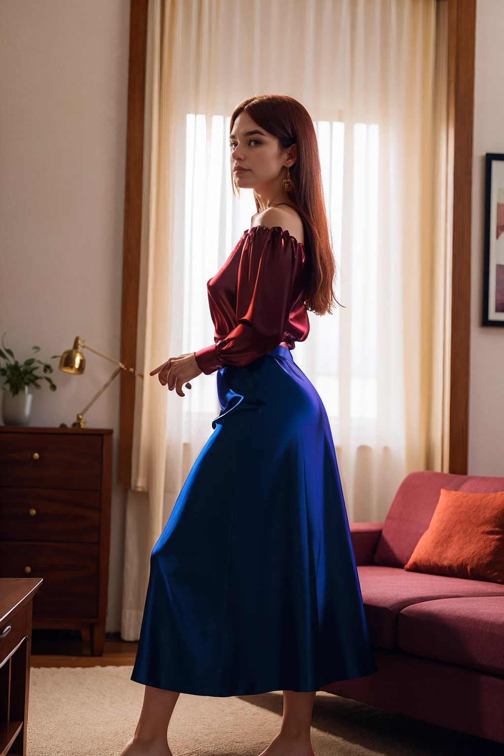 a woman wearing silk blouse and midi skirt, living room, (shadow play:0.5) <lora:fic-elodie:0.8>