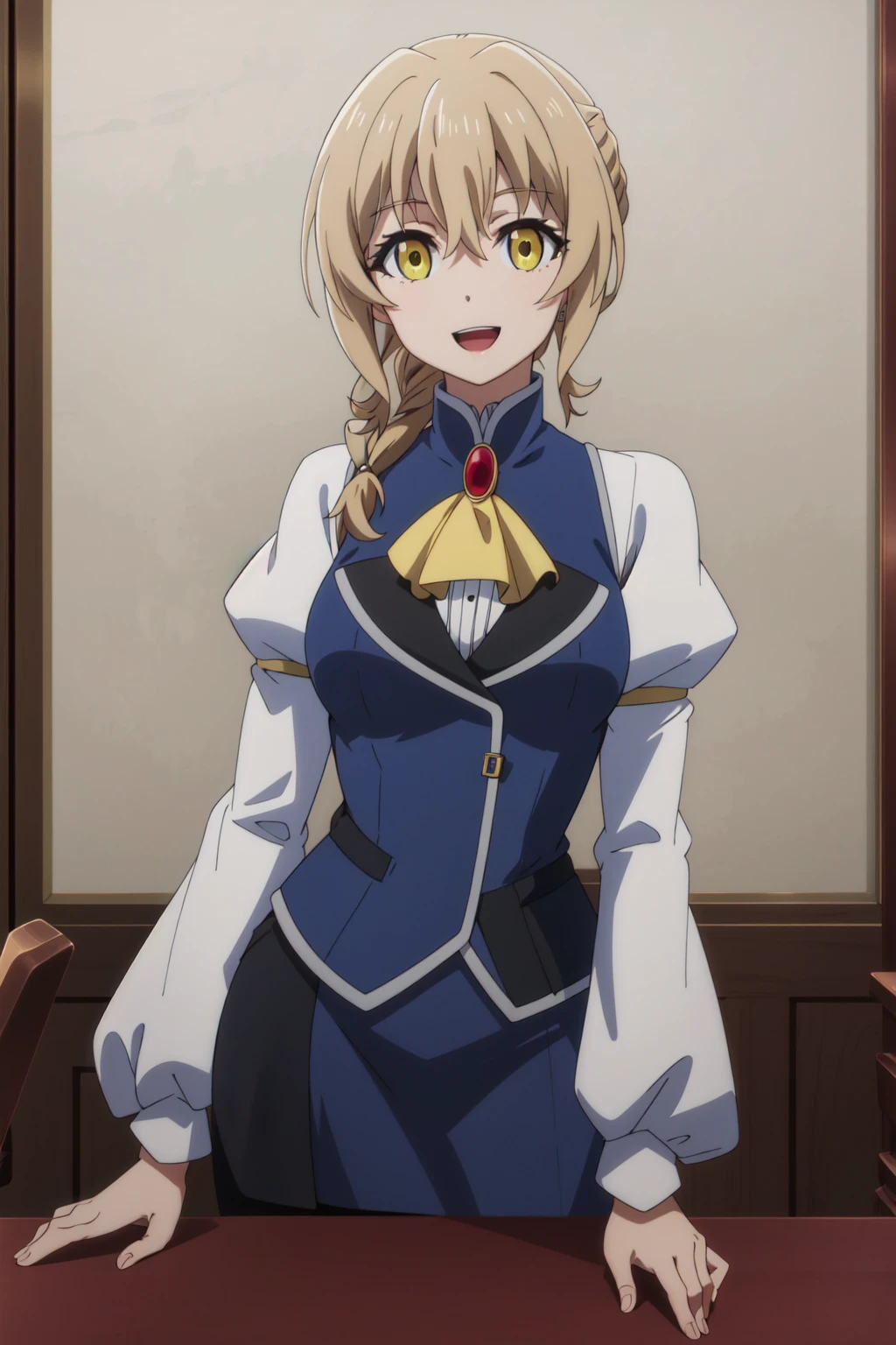 <lora:anime_screencap_v2:0.3> tall body, tall, long legs, mature female, mature, adult, <lora:GoodHands-beta2:1.4>, simple background, indoors
 <lora:eft_goblin_guild:0.7> Eft_goblin_guild, 1girl, braid, open mouth, smile, yellow eyes, looking at viewer, upper body, solo, ascot, :d, long hair, jewelry, hair between eyes, brown hair, blonde hair, single braid, puffy sleeves, long sleeves, brooch, breasts, bangs, anime coloring, indoors, juliet sleeves