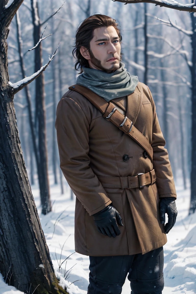 (1 image only),  solo male,  Vasily Pavlichenko,  Golden Kamuy,  Russian,  sniper,  brown hair,  blue eyes,  sharp eyes,  defined eyelashes,  furrowed brow,  wavy medium-length hair,  bold sideburns,  short and neat Shenandoah beard,  lightly-colored coat,  dark gloves,  scarf,  pants,  boots,  crossbody bag,  handsome,  charming,  alluring,  standing,  upper body in frame,  perfect anatomy,  perfect proportions,  2d,  anime,  (best quality,  masterpiece),  (perfect eyes,  perfect eye pupil),  high_resolution,  dutch angle,  snowy forest,  better_hands,<lora:EMS-498-EMS:0.200000>,<lora:EMS-291741-EMS:0.700000>