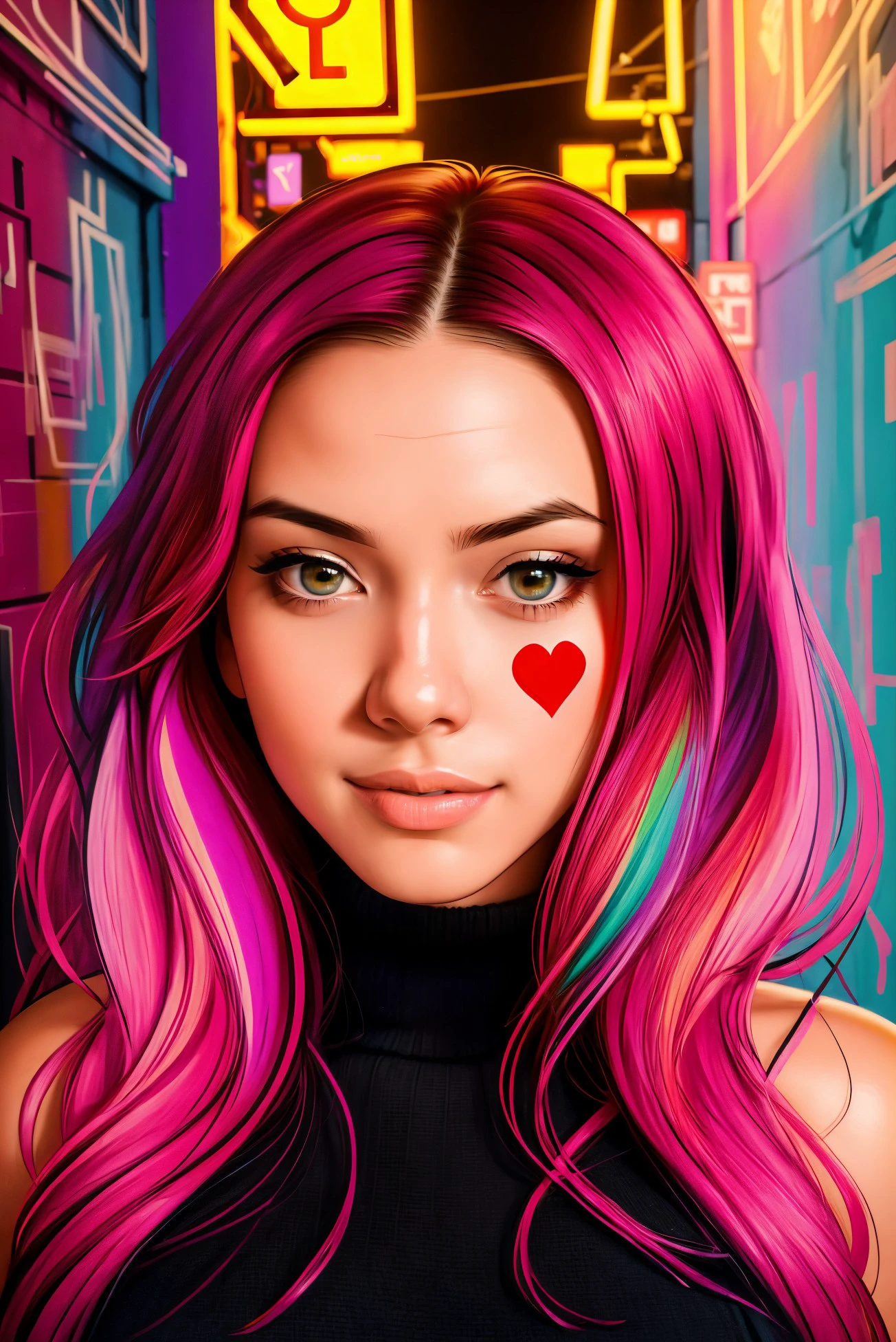 cheek heart left full red, sexy face, miko, face, detailed background,
([Nina( :0)Dobrev|violet starr|Amanda( :0)Seyfried]:0.9), love theme, valentine's day,
Urban graffiti alley and colorful art, abbe bi style,jack metthey style,
[cartoon, anime :realistic, real life, hyper realistic:0.20],
beautiful young woman, symmetrical face,  fit, illuminated,
digital art
<lora:electra_heart:0.90>