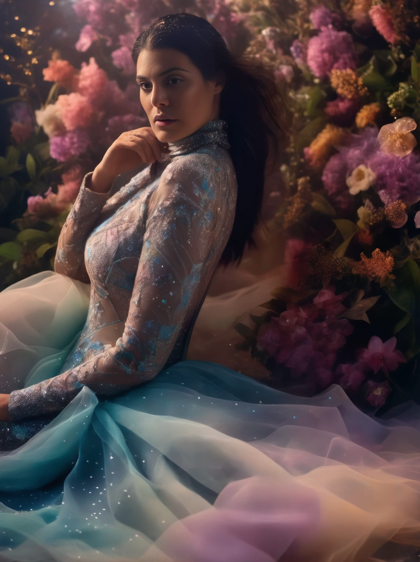 Photorealism <lora:KorinthiouSDXL-000008:1>, KorinthiouSDXL, photography, (centered:1), A Photograph of a seductive muse, bathed in the ethereal glow of bioluminescent blooms, as her vibrant turtleneck dress transforms into an enchanting floral cascade <lora:neg4all_xl_bdsqlsz_V5:1> <lora:add-detail-xl:1.7>, Ultra-realistic, Manic, Pixiecore, Direct light, film grain, Kodak portra 800, 800mm lens, biomorphic forms, dark pastel dust particles, wallpaper, 8K, photorealistic, highly detailed:1.2), best selling (masterpiece, colorful:1), pores, (glossy and and wet and sweaty skin:0.8), volumetric lighting, dslr, subsurface scattering, highest quality, (professional:1), (sharp focus:1.2), dermaesthetic, cold and pale and light colors, (light contrast and soft shadows:1.2), Photorealism, often for highly detailed representation, photographic accuracy, or visual illusion.