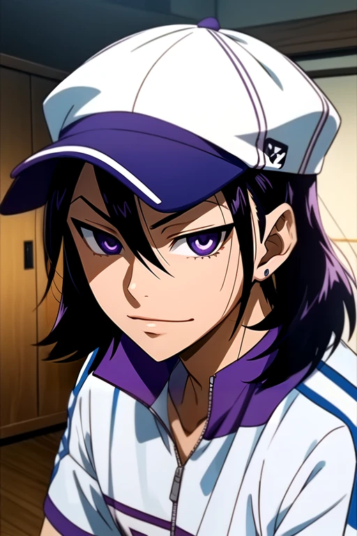(best quality:1.1), (masterpiece:1.4), illustration, looking at viewer, upper body, depth of field, anime coloring, (anime:1.4), 1boy, solo, male focus, <lora:jinpachi_toudou:0.82>, jinpachi_toudou, black hair, purple eyes, hair between eyes, muscle shirt, flat cap, , HD-DVD