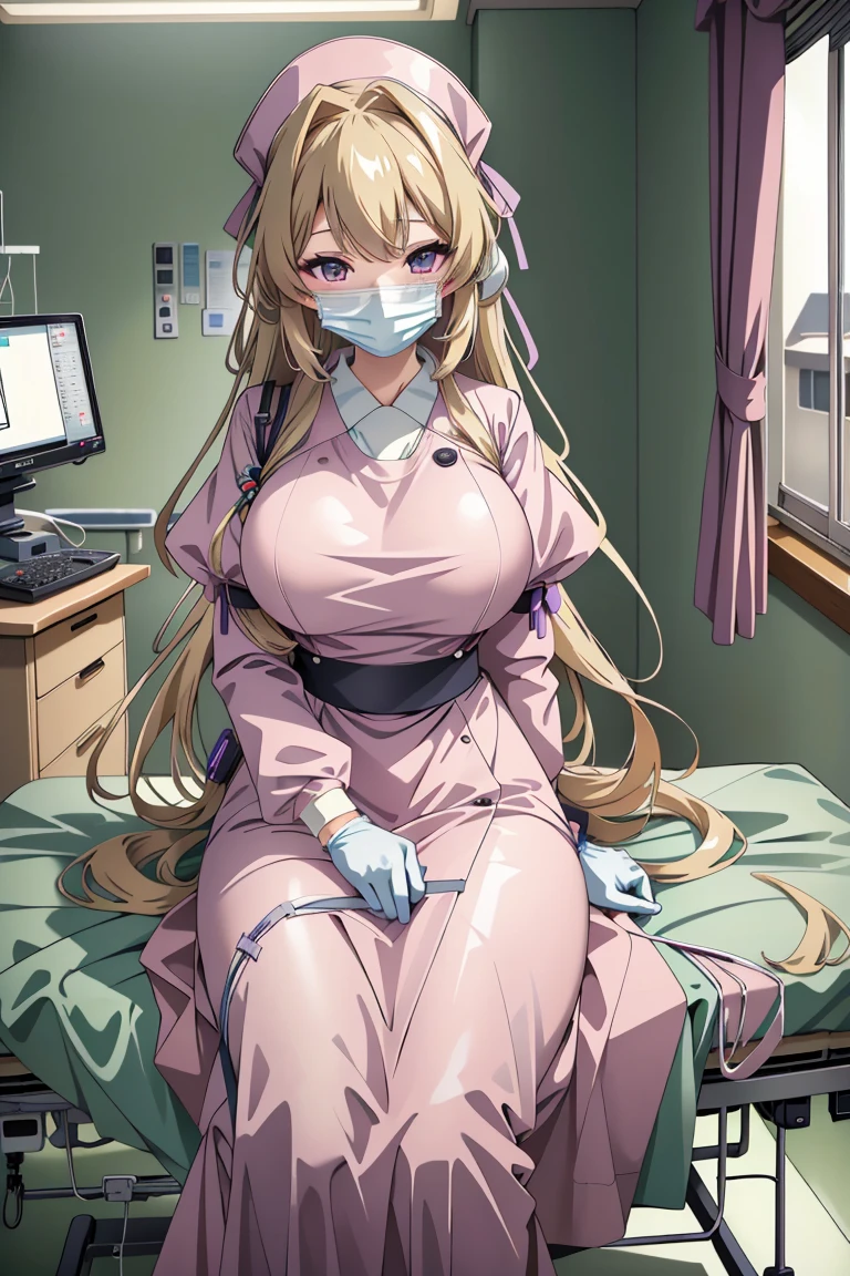 ((masterpiece, best quality,lower_body)), operating table,medical monitors,hospital bed,  <lora:Hitomi Naruse v1:0.8> (hitomi naruse, 1girl, very long hair, large breasts, blonde hair, purple eyes, hair ribbon, antenna hair), <lora:surgical_v3:0.8> (surgical_uniform_3.0, surgical mask, gloves,surgical cap,long sleeves),