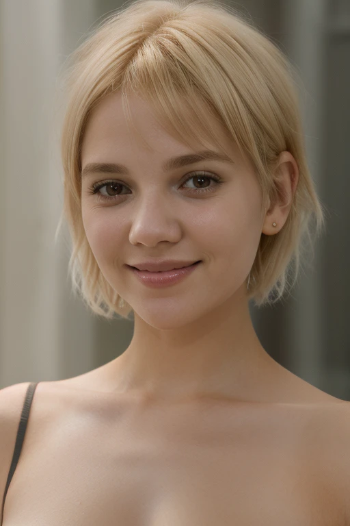v1c50k0, short blonde hair, close-up, dress, smile, <lora:v1c50k0-09_0726:1>