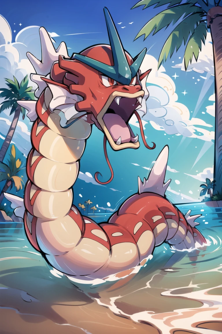 ((masterpiece,best quality)), absurdres,
<lora:Gyarados:0.8>, Gyarados, solo, no humans,
alternate color, fangs, fins, gen 1 pokemon, nintendo, open mouth, palm tree, partially submerged, red eyes, sailorclef, shiny pokemon, solo, tree, water