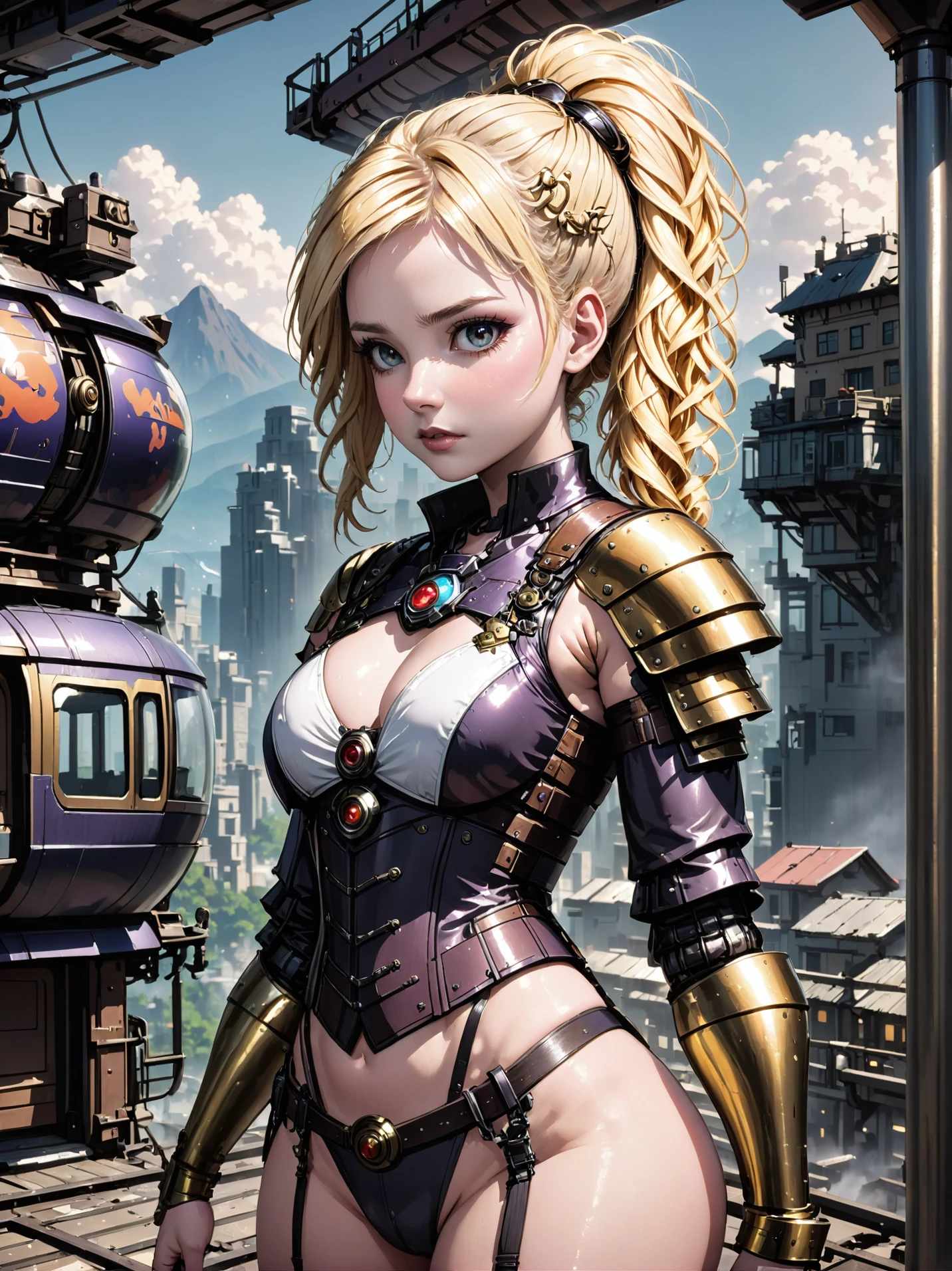 anime style, 1girl, woman, heavy knight lord, bombshell hair, blonde hair, Topsy Tail Ponytail, chubby, narrow waist, large breasts, albino, scenic cable car in a dilapidated,dingy scifi cosmic metropolis outside of the multiverse, masterpiece<lora:EnvyBeautyXL12:1><lora:EnvyBetterHiresFixXL01:0@0,0@.49,1@.5:hr=1>