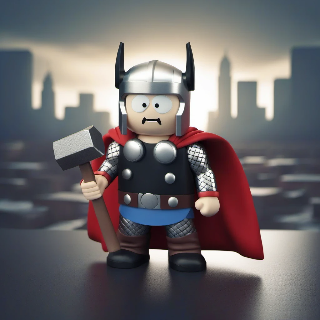 thor with a hammer, city background <lora:SouthPark3D1024-000315:0.8>