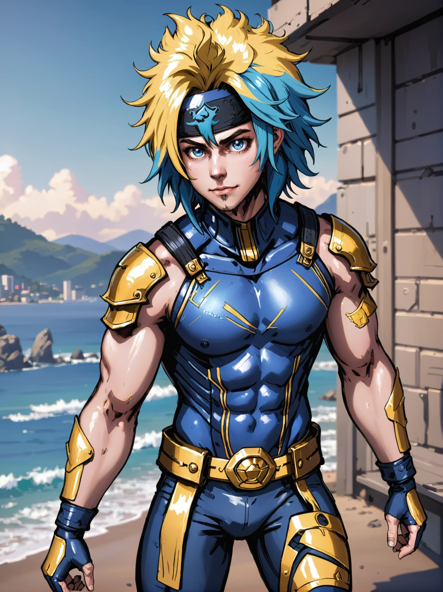 anime style, (full body:1.2), 1boy, man, ruggedly handsome, solo, [:epic costume design,:0.2] ninja, blueviolet (ragged gold chestplate,bracers,helmet:1), caucasian, lightblue hair, (muscular:1.1) build, Coastal Strand<lora:EnvyBetterHiresFixXL01:0@0,0@.49,1@.5:hr=1>