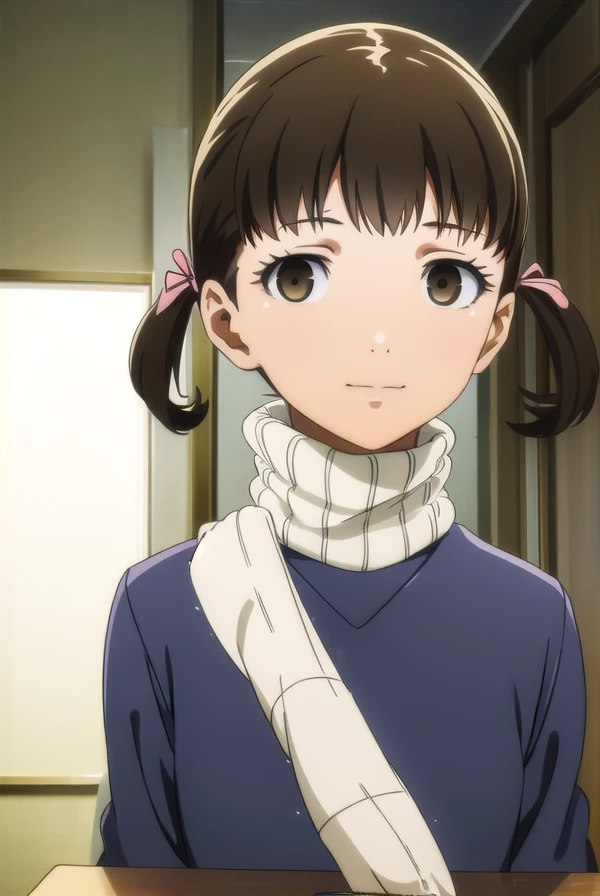 nanakodoujima, <lora:nanako doujima s1-lora-nochekaiser:1>,
nanako doujima, brown hair, twintails, (brown eyes:1.5), short twintails, child, smile,
BREAK dress, turtleneck, long sleeves, sweater,
BREAK indoors,
BREAK looking at viewer, (cowboy shot:1.5),
BREAK <lyco:GoodHands-beta2:1>, (masterpiece:1.2), best quality, high resolution, unity 8k wallpaper, (illustration:0.8), (beautiful detailed eyes:1.6), extremely detailed face, perfect lighting, extremely detailed CG, (perfect hands, perfect anatomy),