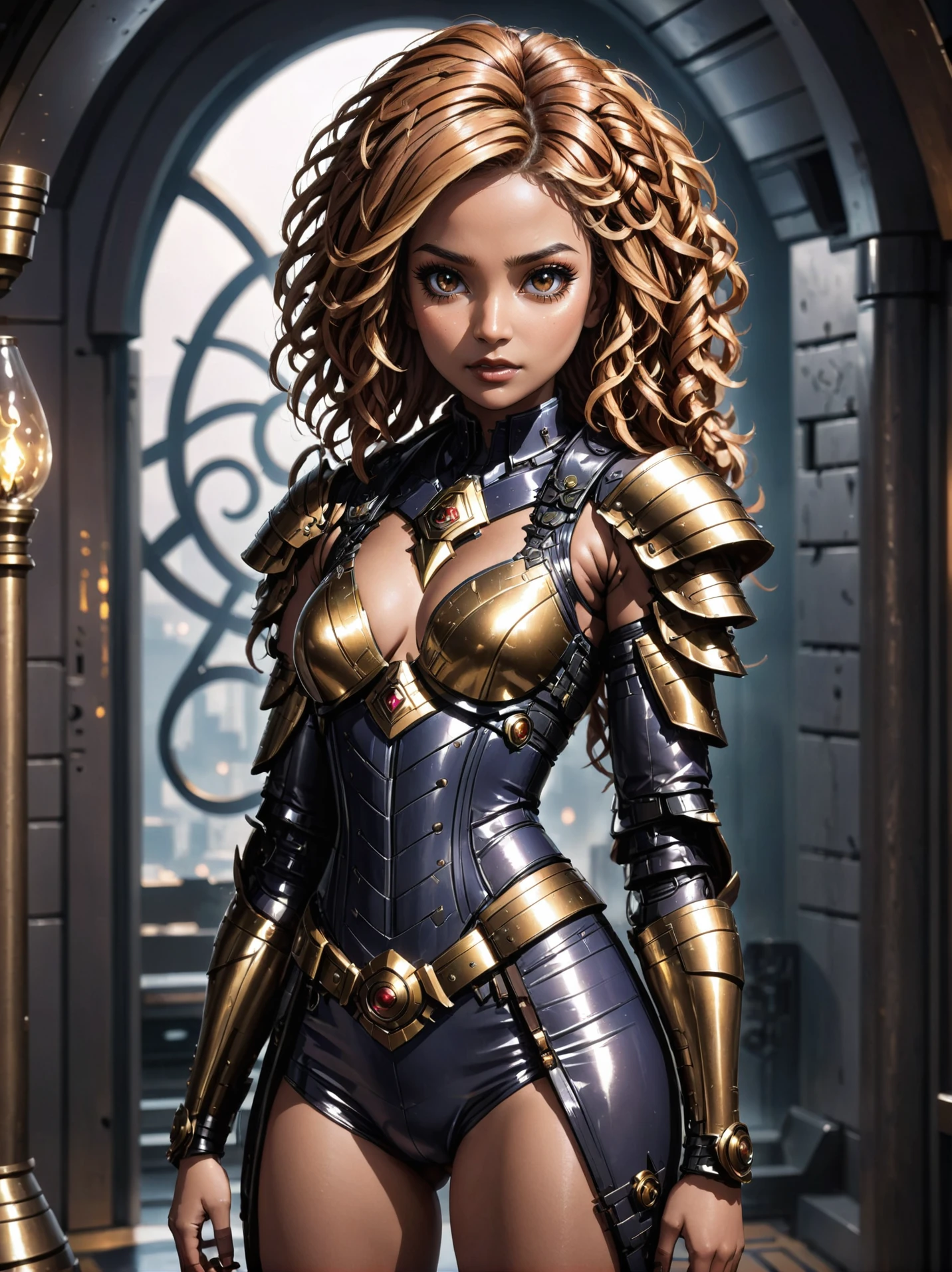 anime style, 1girl, woman, sci-fi warmage villainess, armor, pauldrons, bombshell hair, copper hair, Spiral Curls, (small breasts:1.5), narrow waist, athletic perfect hourglass figure,, (dark skin:1.3), Private Quarters \(room\) <lora:EnvyBeautyXL12:1><lora:EnvyBetterHiresFixXL01:0@0,0@.49,1@.5:hr=1>