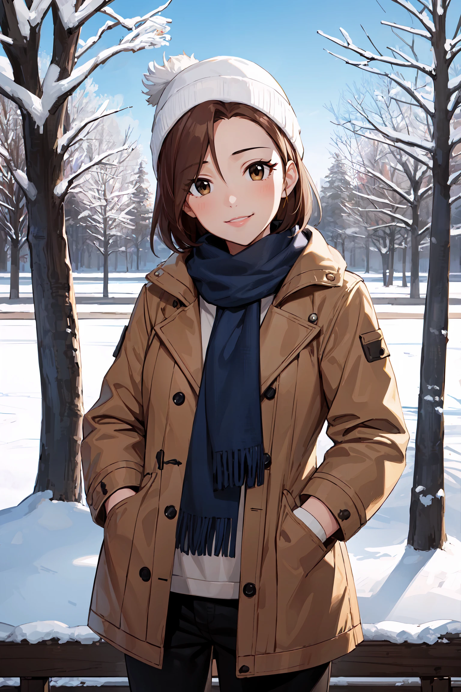 masterpiece, best quality, cowboy shot, looking at viewer, smile, seira mizuki, short hair, beanie, scarf, winter coat, hands in pocket, outdoors, snow, <lora:seira_mizuki_v1:1>