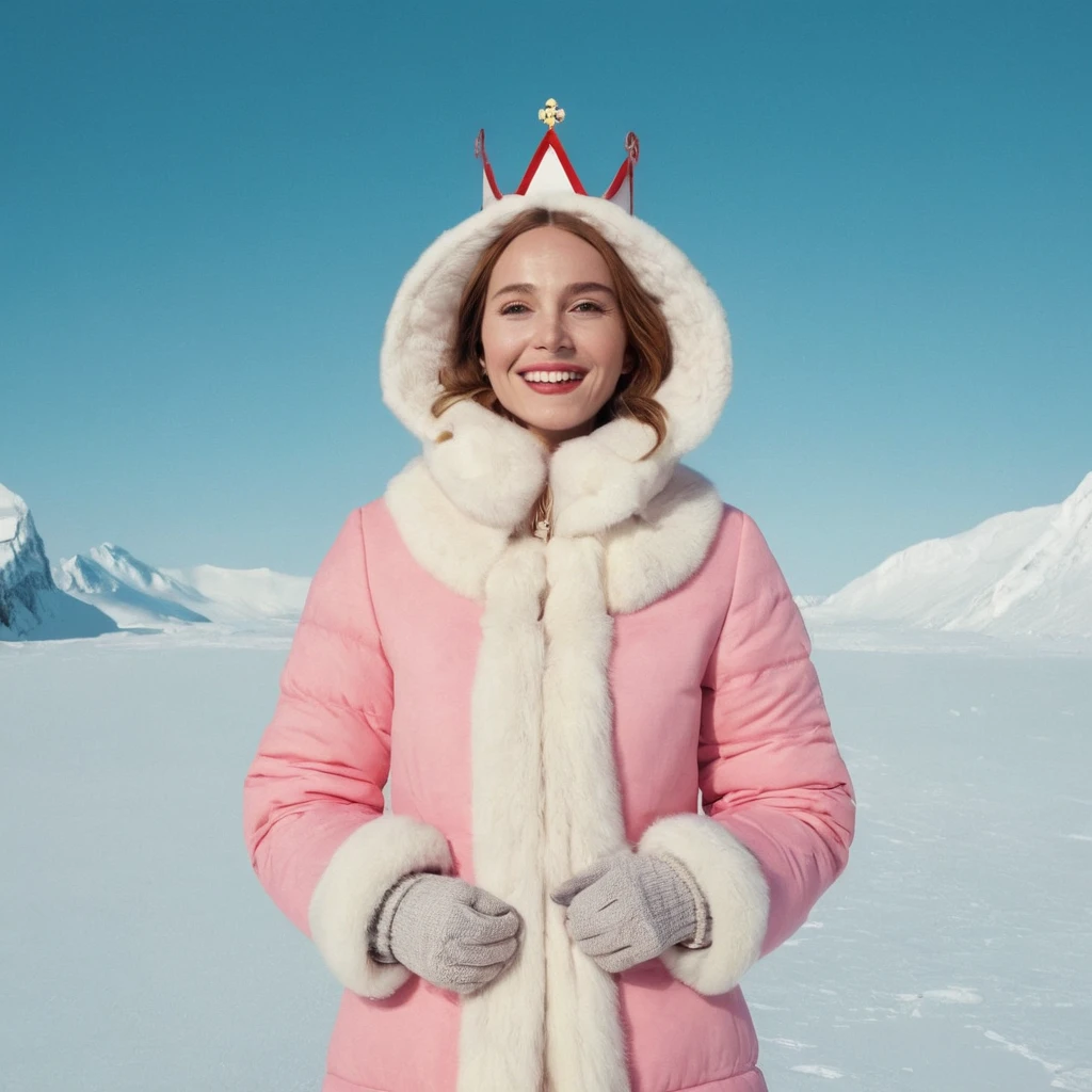 w3s and3rson movie style, bad winter queen ,crown,white,full body,happy smile,at a colorful north pole in colour palette by w3s and3rson,vivid colours