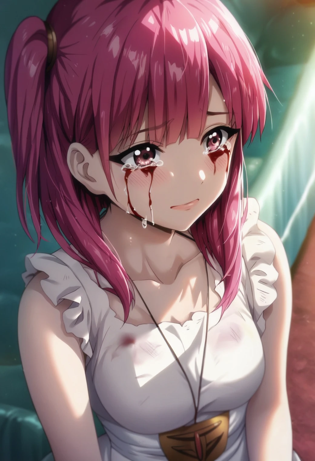 1girl, morgiana, solo, <lora:morgiana_ponyxl:0.8>, pink eyes, pink hair, one side up, BREAK
white dress, collarbone, upper body, close-up, blood from eyes, tears, crying, BREAK
score_9, score_8_up, score_7_up, score_6_up, score_5_up, score_4_up, anime,
(high quality, detailed, beautiful), shiny, detailed beautiful eyes, outstanding, countershading, detailed soft lighting