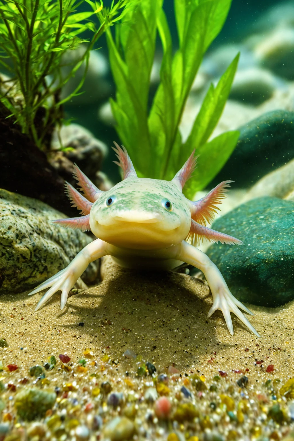 masterpiece, award winning photography, picture of a Axolotl floating underwater, rocks, sand, water plants, close-up photo, underwater photography, extremely detailed,
<lora:btpiaxo:0.7>