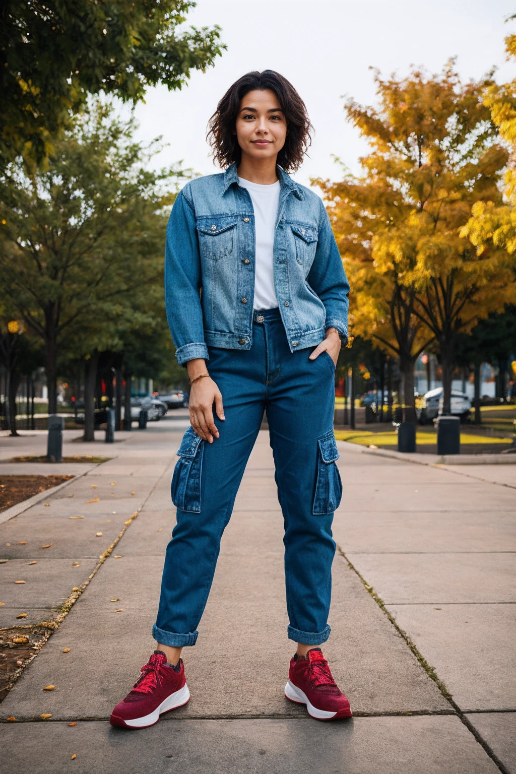 a woman wearing denim jacket and cargo pants, park, (overcast lighting:0.5) <lora:fic-fanny:0.8>