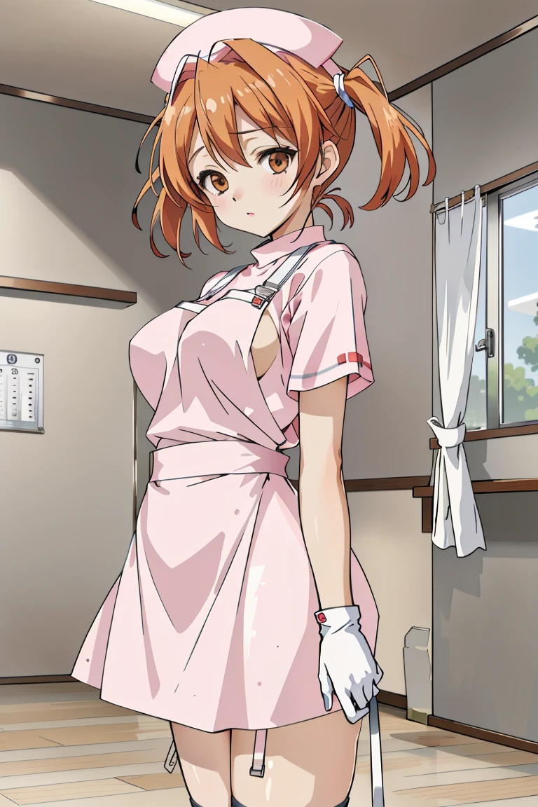 ((masterpiece, best quality,lower_body)), operating table,medical monitors,hospital bed, <lora:Chika Naruse v1:0.8> (chika naruse, 1girl, twintails, orange hair, brown eyes) <lora:0- CL - Latex Nurse Apron V2:0.7> (latex_nurse_v2, nurse, nurse cap, apron, gloves,shiny dress),