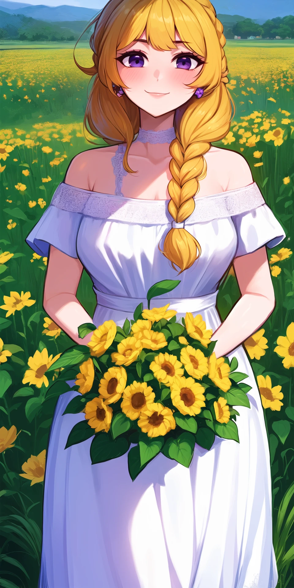 1girl, alternate_costume, bangs, bare_shoulders, blonde_hair, blush, bouquet, braid, braided_ponytail, breasts, choker, collarbone, day, dress, earrings, eyebrows_visible_through_hair, field, flower, flower_field, grass, hair_over_shoulder, holding, holding_bouquet, holding_flower, long_hair, looking_at_viewer, nature, off-shoulder_dress, off_shoulder, orange_flower, outdoors, purple_eyes, single_braid, smile, solo, sunflower, white_dress, yellow_flower<lora:peach:0.6>