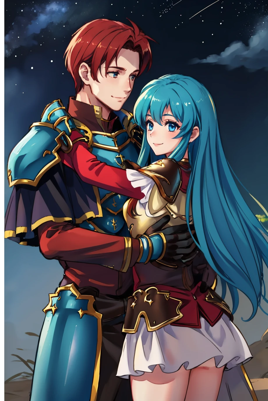 masterpiece, 1boy, 1girl, couple, cowboy shot, smile, (hug:0.9), defSeth, gloves, armor, black capelet, brown shirt, (long sleeves:1.1), night sky, stars, def_eirika, long hair