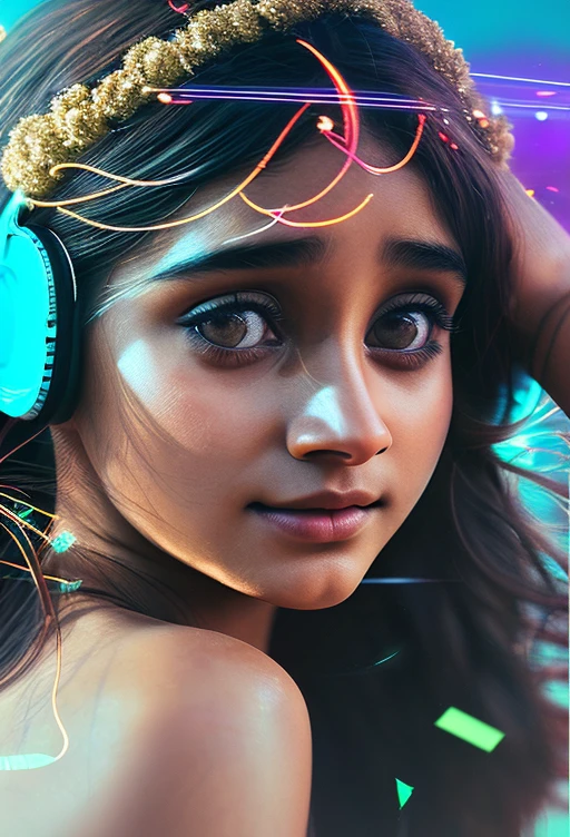 An intense photoshoot by Julia Trotti; showing an Indian DJ woman looking like ((aarini31)), spinning tracks on stage at a vibrant music festival, featuring sharp, focused eyes, a confident smile playing on her lips, her flowing hair rhythmically swaying with the beat