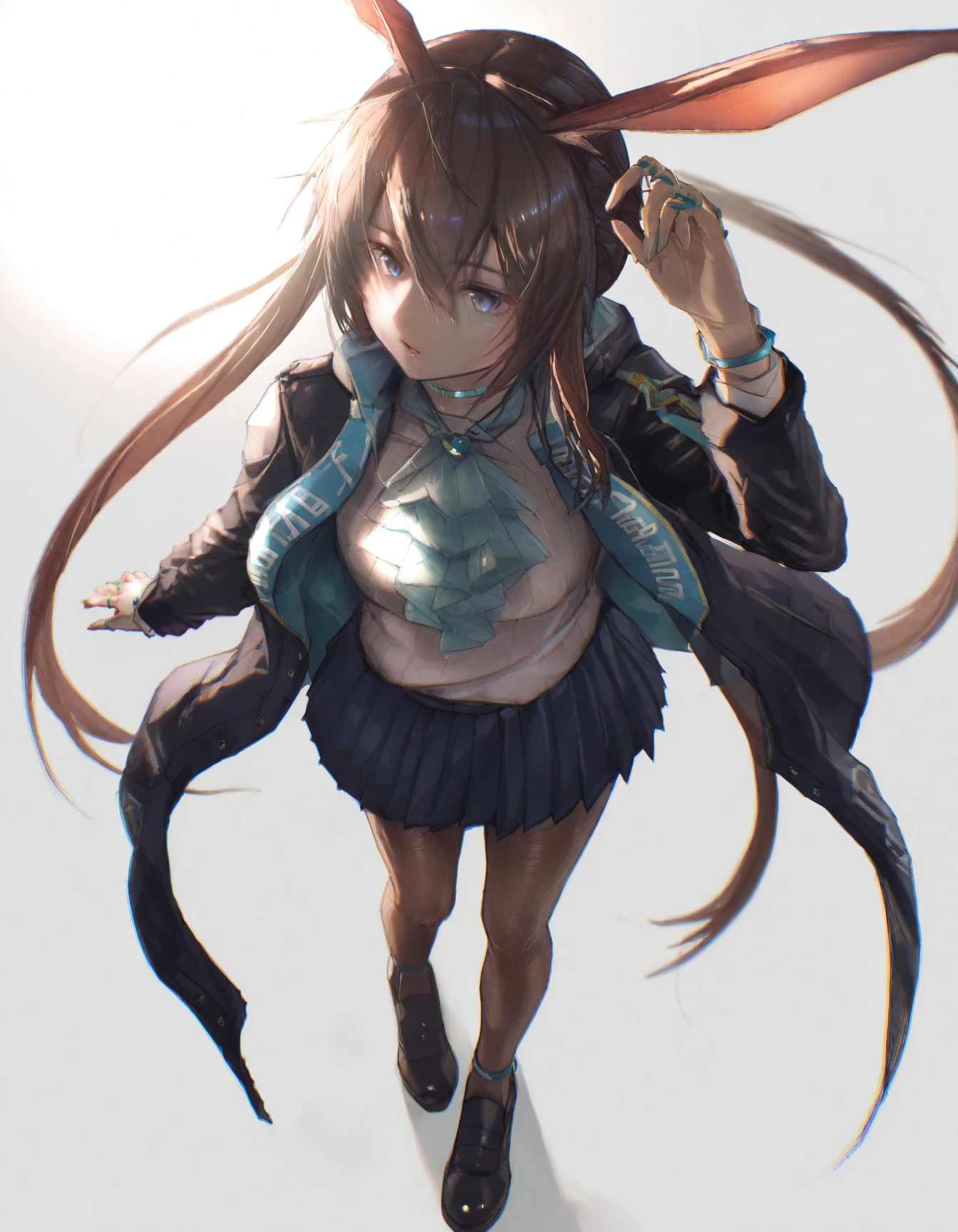1girl, film grain, solo, perspective, long hair, bangs, blue eyes, skirt, simple background, brown hair, shirt, long sleeves, white background, animal ears, hair between eyes, jewelry, very long hair, standing, jacket, full body, white shirt, ponytail, pantyhose, sidelocks, pleated skirt, open clothes, shoes, black footwear, rabbit ears, arm up, open jacket, blue skirt, black jacket, ascot, from above, ring, clothes writing, brown pantyhose, rabbit girl, chromatic aberration, neck ring, multiple rings, blue ascot, amiya \(arknights\), <lora:neg101:1>