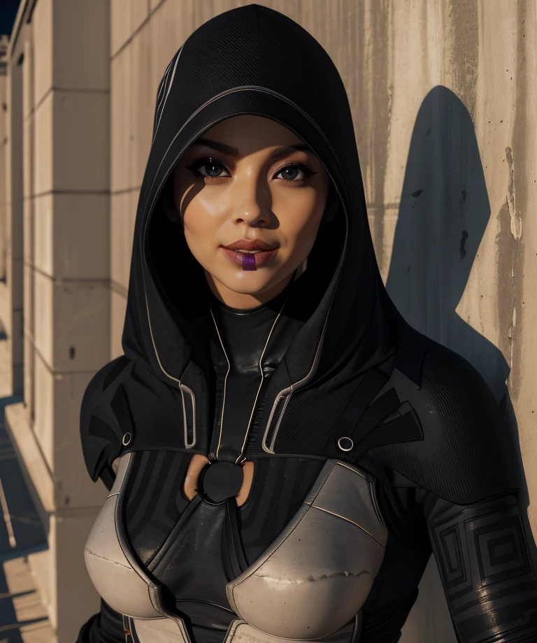kasumig,lipstick,black eyes,smile,black hair, shaded face,
black bodysuit,hood,looking at viewer,
upper body,o-ring,
science fiction,night,against wall,
(insanely detailed, masterpiece, best quality) solo,<lora:kasumiG:0.8>,