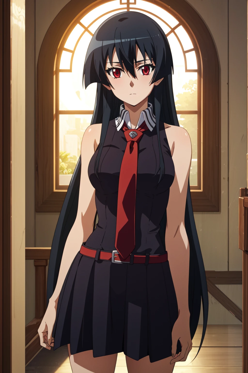 <lora:anime_screencap_v2:0.3> tall body, tall, long legs, mature female, mature, adult, <lora:GoodHands-beta2:1.4>, simple background, indoors
<lora:eft_akame_akame:0.8> Eft_akame_akame, 1girl, solo, black hair, red eyes, long hair, necktie, red necktie, sleeveless, looking at viewer, bare shoulders, hair between eyes, sleeveless shirt, anime coloring, expressionless, closed mouth, shirt, bangs, indoors, black skirt